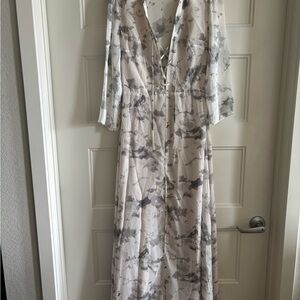 Elegant Gray and White Wrap Gown with Plunge Neckline